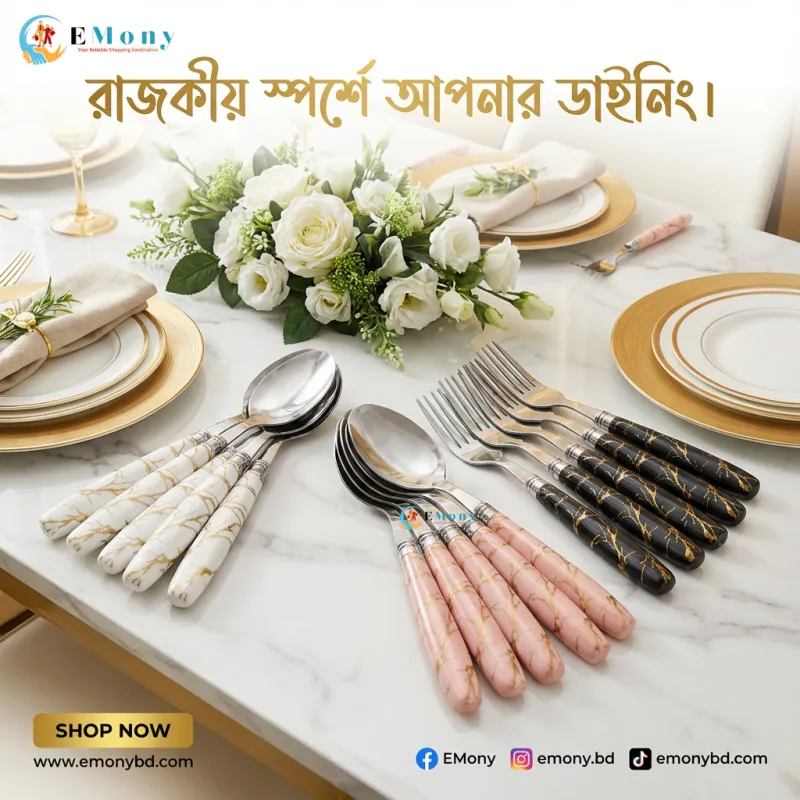 Premium 12-Pcs Stainless Steel Spoon & Fork Set with Ceramic Design Silicon Handle